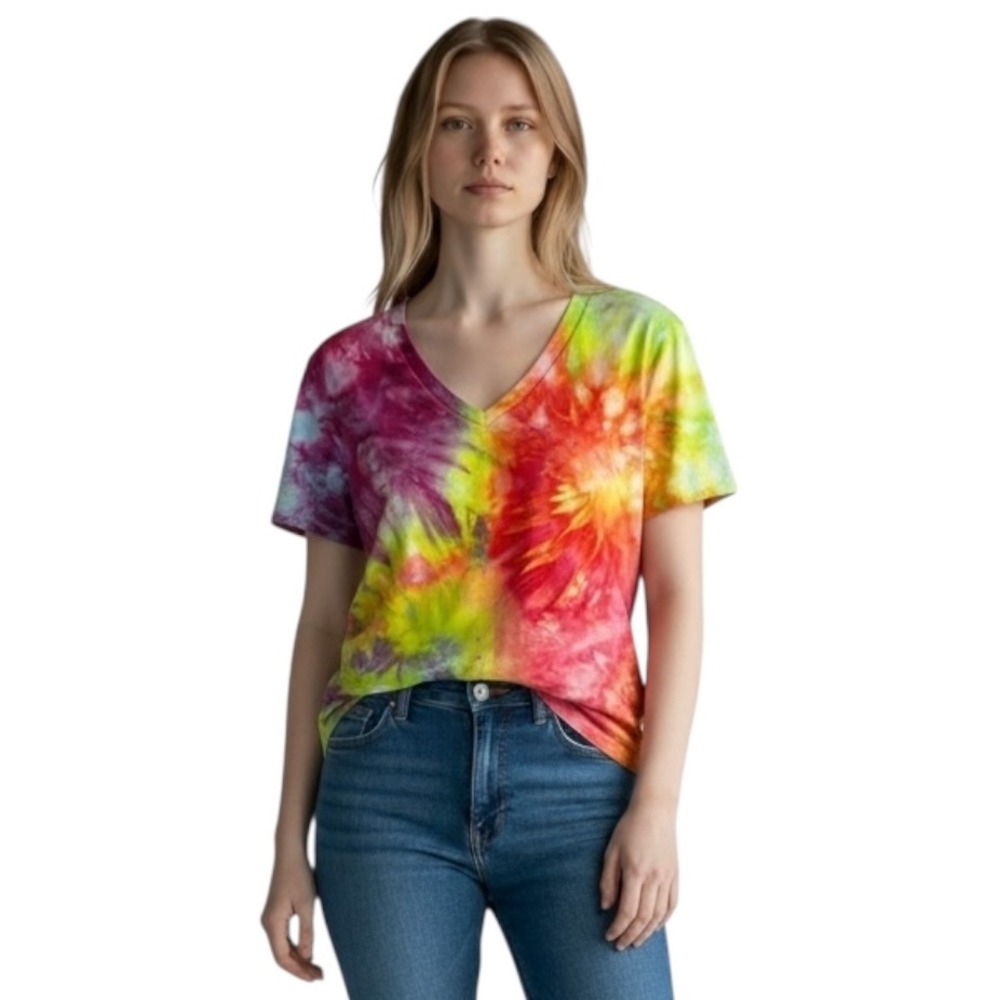 GAP Small Top Handmade Tie Dye Tee Rainbow V Neck Cotton T-Shirt‎ Hippie 592
